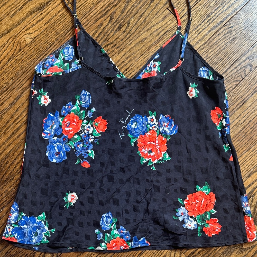 Tory Burch Black 100% Silk Floral V-Neck with Red & Blue Camisole 🌹 - Picture 5 of 8
